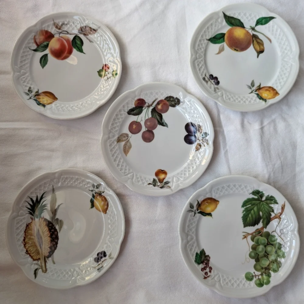 Lourioux Deshoulières France Porcelain Fruit Scalloped Canape Plates - 5